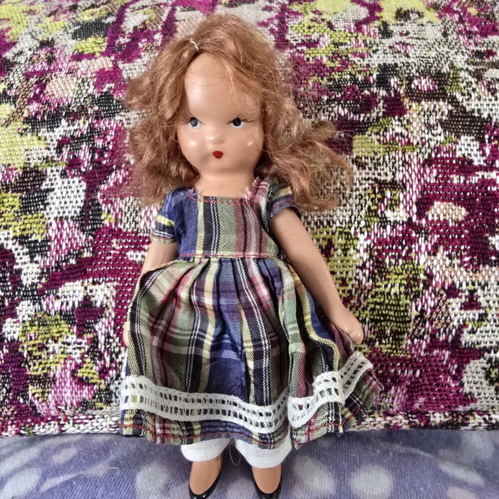 Vintage Nancy Ann Storybook Doll All Bisque Plaid Dress
